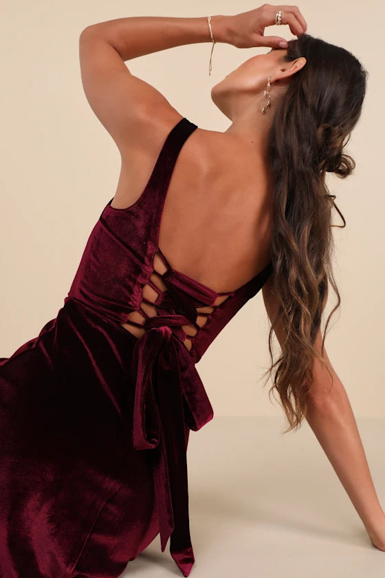 Vestidos formales Weitese para mujer, elegante vestido largo con abertura y cuello cuadrado de terciopelo color ciruela oscuro, con cordones, para fiesta.